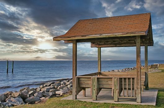 Beach shelter on rocky coastal shoreline