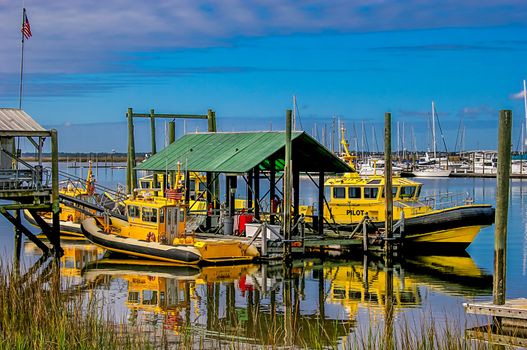 Colorful pilot boats captured at bayside marina