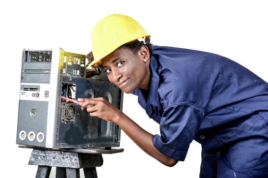 Computer maintenance technician tests the electrical circuits of the computer.