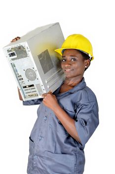 Young woman in computer maintenance loads a computer CPU on the shoulder