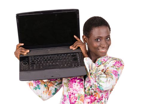 Young happy business woman showing her laptop to her colleagues isolated on white background