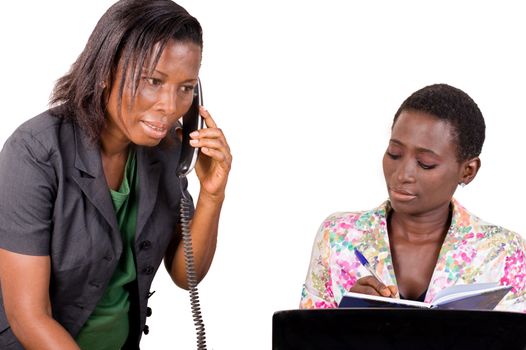 Young businesswoman uses the phone from her college to call customers.