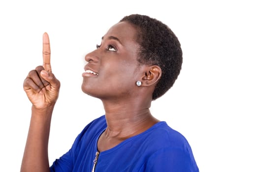 Young woman looks up and shows something of the finger.