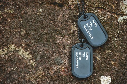 Military tag hanged on the rock on the rock background in forest. Concept of soldier sacrifice and armistice. Closeup and copy space.