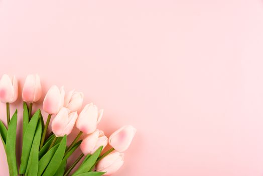 Happy Women's Day, Mother's Day concept. top view flat lay Tulip flower on pink background, copy space for your text