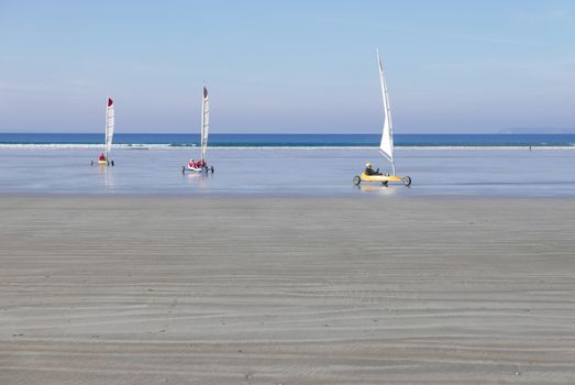 sand yachting on the beach of Pentrez in finistere. sandy beach in Brittany