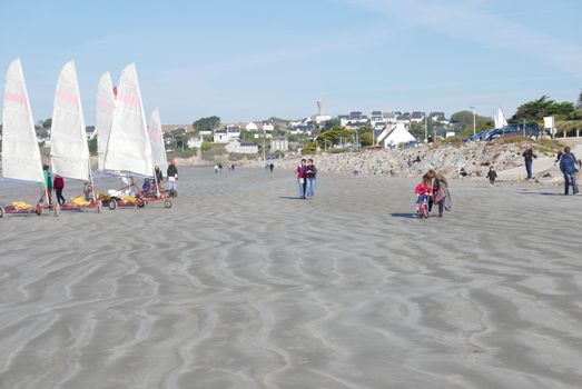 sand yachting on the beach of Pentrez in finistere. sandy beach in Brittany