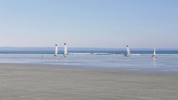 sand yachting on the beach of Pentrez in finistere. sandy beach in Brittany