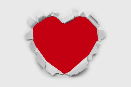 Torn white paper heart over red background with copy space for text, Valentine's day love concept