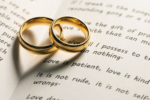 Two golden wedding rings on Holy bible book close up