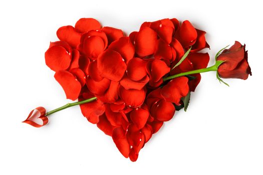 Rose petals in a shape of a heart with rose arrow isolated on white background