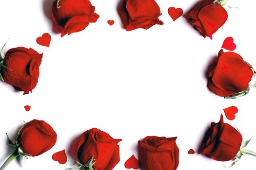 Red rose flowers and hearts composition isolated on white background top view with copy space. Valentine's day, birthday, wedding, Mother's day concept. Copy space