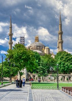 Istambul, Turkey – 07.12.2019. The Sultan Ahmad Maydan with the Blue Mosque in background on a cloudy summer day, Istanbul, Turkey