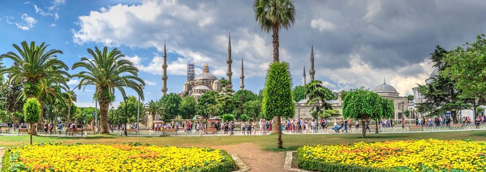 Istambul, Turkey – 07.12.2019. The Sultan Ahmad Maydan with the Blue Mosque in background on a cloudy summer day, Istanbul, Turkey