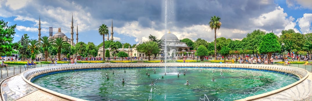 Istambul, Turkey – 07.12.2019. Hagia Sophia museum with Fountain in Sultan Ahmed Park, Istanbul, Turkey, on a cloudy summer day