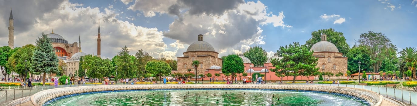 Istambul, Turkey – 07.12.2019. Hagia Sophia museum with Fountain in Sultan Ahmed Park, Istanbul, Turkey, on a cloudy summer day