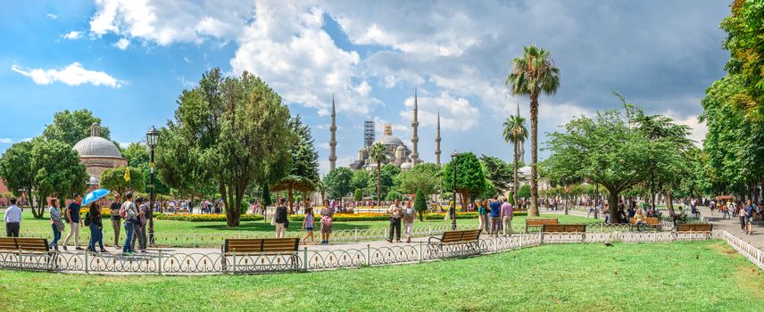 Istambul, Turkey – 07.12.2019. The Sultan Ahmad Maydan with the Blue Mosque in background on a cloudy summer day, Istanbul, Turkey