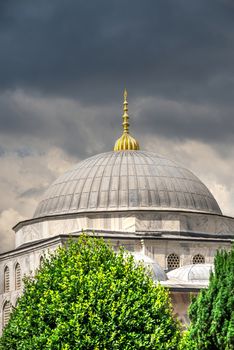 Istambul, Turkey – 07.12.2019. Hagia Sophia museum in Sultan Ahmed Park, Istanbul, Turkey, on a cloudy summer day