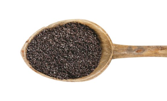 spoon of ground poppy seeds on white background