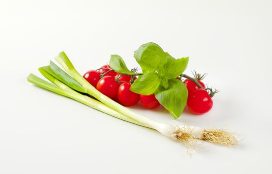 Bunch of fresh red tomatoes, spring onions and basil