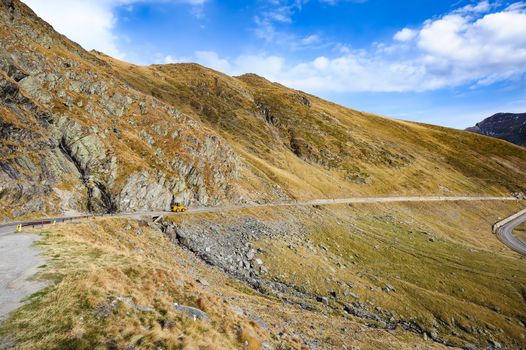 View to Transfagarasan road. It is a paved mountain road crossing the southern section of the Carpathian Mountains of Romania. It has national-road ranking and is the second-highest paved road in the country after the Transalpina.