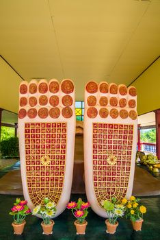 Buddha's feet statue in temple of Thailand