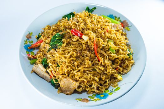 fried noodles on white background.