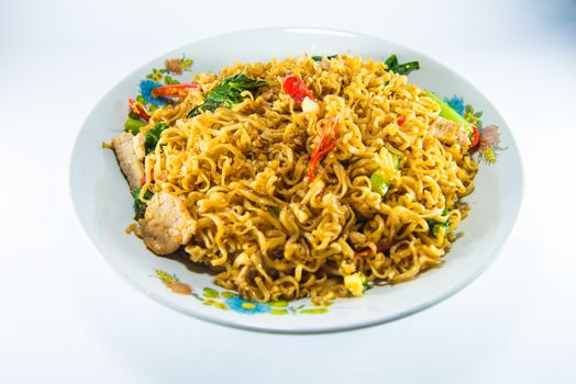 fried noodles on white background.