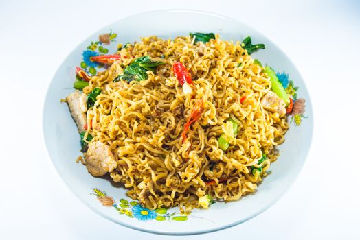 fried noodles on white background.