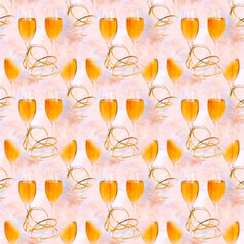 Seamless abstract festive white background with glasses of yellow wine.