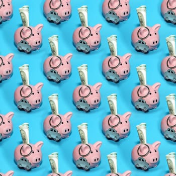 Seamless abstract business background with pink money piggy banks on a blue background