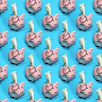 Seamless abstract business background with pink money piggy banks on a blue background