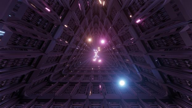 glowing spheres flying through triangle technical tunnel corridor 3d illustration backgrounds wallpaper graphics artworks, flying glowing sphres particle 3d rendering design