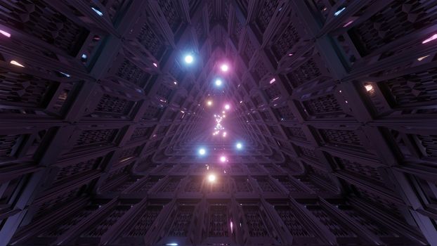 glowing spheres flying through triangle technical tunnel corridor 3d illustration backgrounds wallpaper graphics artworks, flying glowing sphres particle 3d rendering design