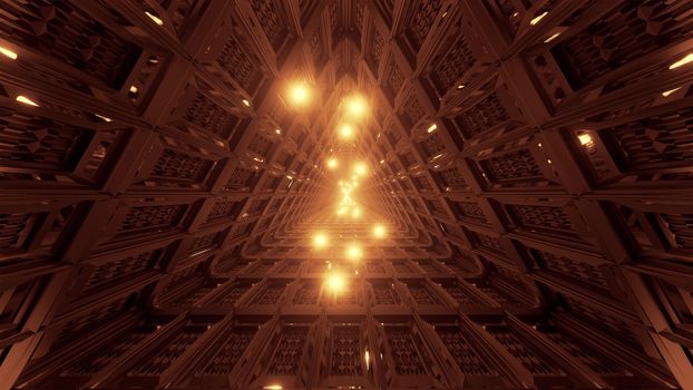 glowing spheres flying through triangle technical tunnel corridor 3d illustration backgrounds wallpaper graphics artworks, flying glowing sphres particle 3d rendering design