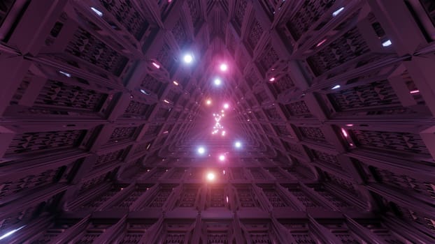 glowing spheres flying through triangle technical tunnel corridor 3d illustration backgrounds wallpaper graphics artworks, flying glowing sphres particle 3d rendering design