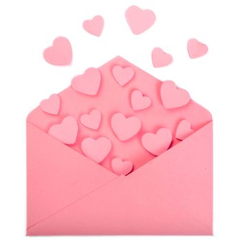 Pink love letter and wooden painted hearts isolated on white background