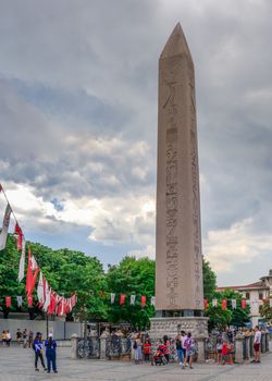 Istambul, Turkey – 07.12.2019. Obelisk of Theodosius in Istanbul, Turkey, on a cloudy summer day.