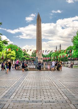 Istambul, Turkey – 07.12.2019. Obelisk of Theodosius in Istanbul, Turkey, on a cloudy summer day.