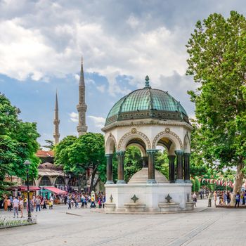 Istambul, Turkey – 07.12.2019. German fountain in Istanbul, Turkey, on a cloudy summer day.