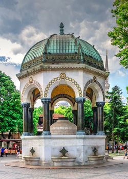 Istambul, Turkey – 07.12.2019. German fountain in Istanbul, Turkey, on a cloudy summer day.