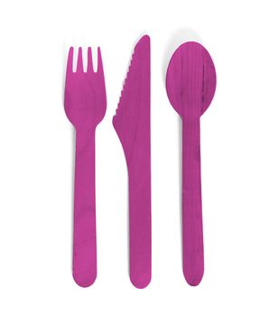 Eco friendly wooden cutlery - Plastic free concept - Isolated - Purple