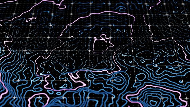 Abstract technological image of glowing topographical map. The concept of digital data. 3D illustration