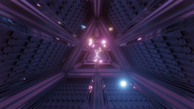 glowing spheres particles fly through triangle space tunnel corridor 3d illustration backgrounds wallpaper graphics artworks, futuristic scifi tunnel 3d rendering design