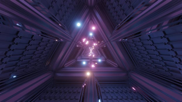 glowing spheres particles fly through triangle space tunnel corridor 3d illustration backgrounds wallpaper graphics artworks, futuristic scifi tunnel 3d rendering design