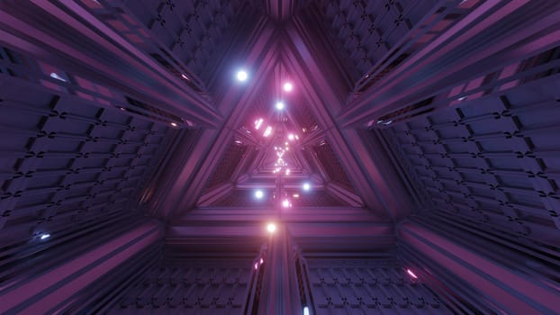 glowing spheres particles fly through triangle space tunnel corridor 3d illustration backgrounds wallpaper graphics artworks, futuristic scifi tunnel 3d rendering design