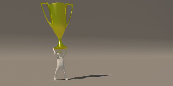 3d rendering, A white characters who have received a gold trophy