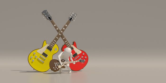 White characters playing music With red and yellow electric guitars. 3d rendering, Includes a selection path.