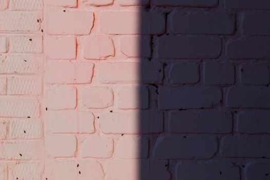 Pink brick wall with vertical shadow line. Textured wall stock pattern.