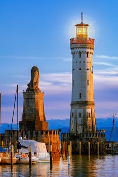 Lighthouse in harbour entrance of Lindau. Bavaria, Germany